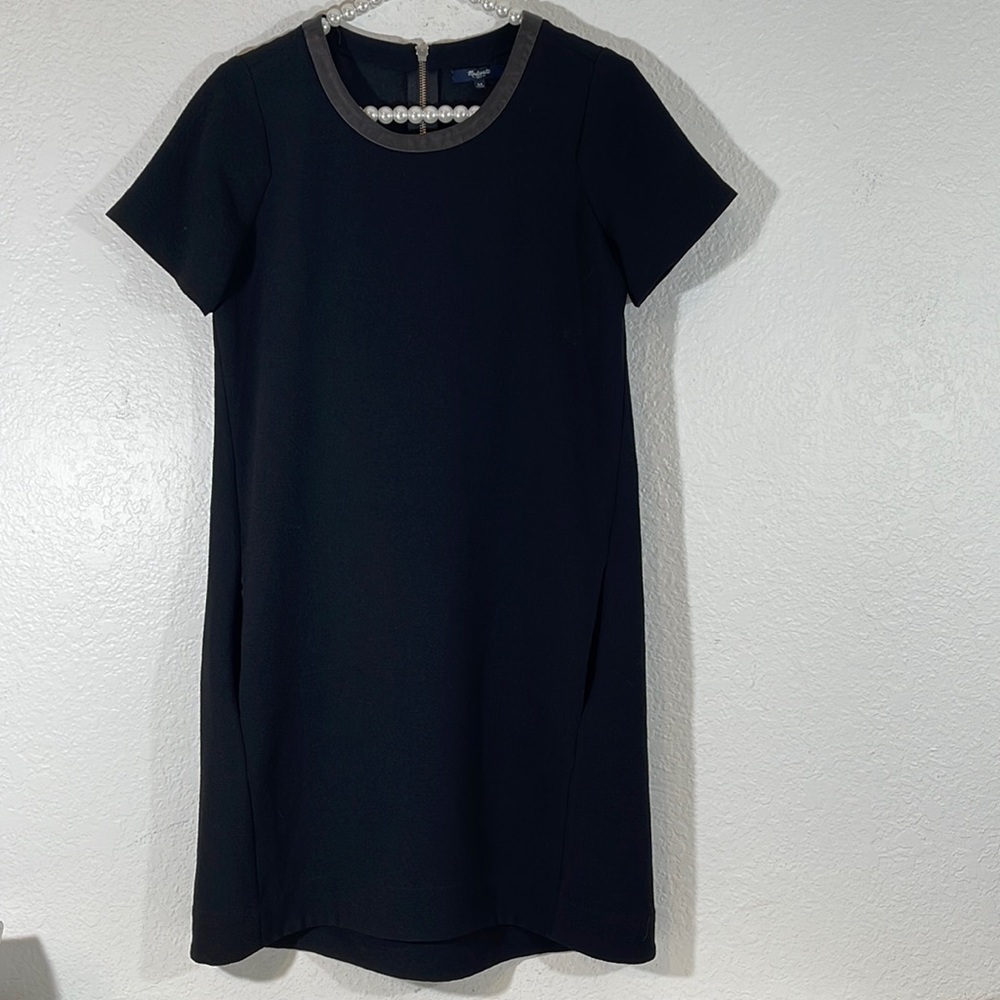 MADEWELL Black Leather Trim Neckline Tee Dress Short Sleeve With Pockets Size XS - Picture 3 of 12
